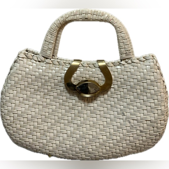 Handbags - Vintage 1950s White and Gold Wicker Handbag